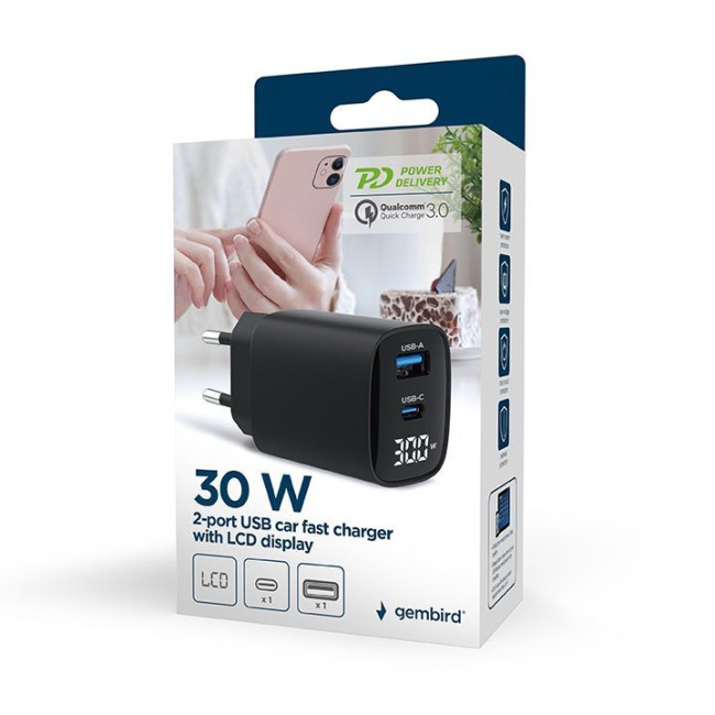 Мережевий ЗП, 1 USB-A (QC3.0 18W) + 1 Type-C (PD20W), LCD, чорний