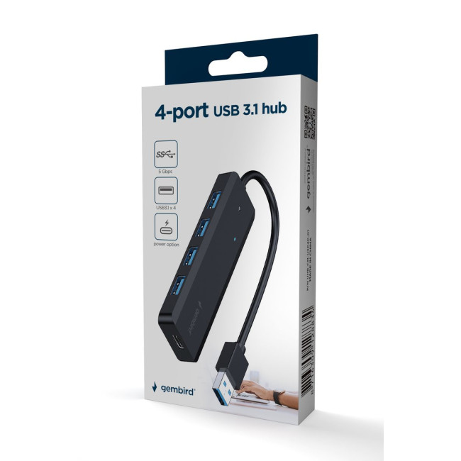 Хаб на 4 порти USB 3.1,USB-A, USB-C PD, пластик, чорний