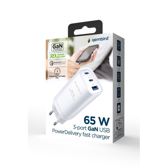 Мережевий ЗП, 1xUSB-A (QC3.0 27W)+2xType-C (PD 65W), білий