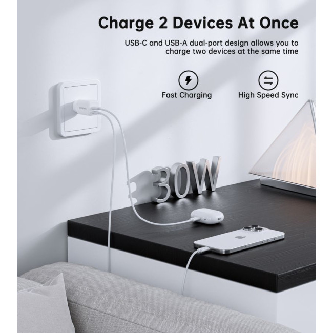 Мережевий зарядний пристрій, USB-A/USB-C, 30Вт, QC3.0/PD/PPS