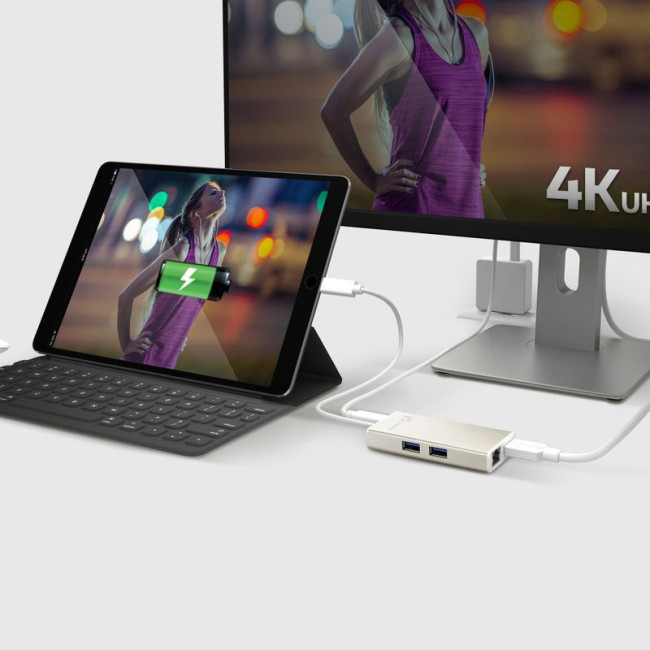 Мультиадаптер USB-C 5-в-1 (хаб/HDMI/PD/LAN), сірий