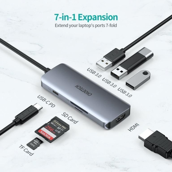 Док станція USB-C 7-в-1 (HDMI/PD/картридер/USB-A / USB-C), алюміній