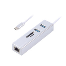 Адаптер, з USB на Gigabit Ethernet, 2 Ports USB 3.0 + microSD/TF картридер, 1000 Mbps, метал, сірий