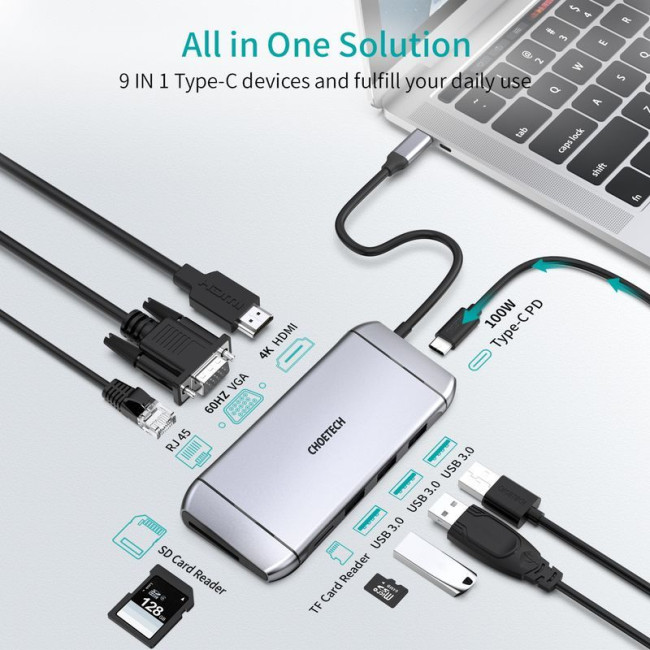 Док станція USB-C 9-в-1 (HDMI/VGA/картридер/LAN/USB-A), алюміній