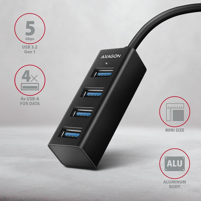 Хаб AXAGON HUE-M1AL SuperSpeed USB-A MINI hub, USB-A кабель 120см, Чорний