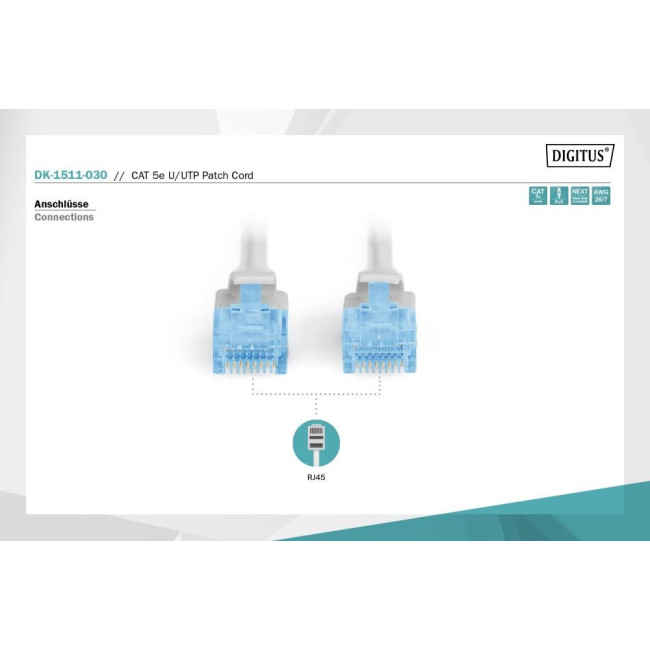 Патч-корд CAT 5e U-UTP, Cu, PVC AWG 26/7, довжина 3 м, колір сірий DK-1511-030 DIGITUS by ASSMANN
