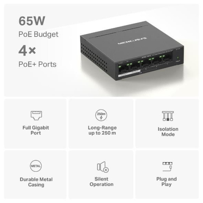 5-портовий настільний гігабітний комутатор з 4 портами РоЕ, MS105GP MERCUSYS