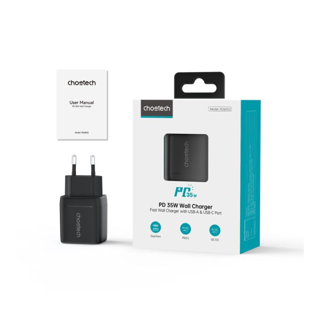 Мережевий зарядний пристрій, GaN, USB-A/USB-C, 35Вт, QC3.0/PD/PPS