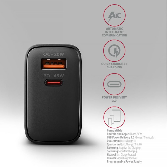 Мережевий зарядний пристрій AXAGON ACU-PQ45, QC3.0,4.0/AFC/FCP/PPS/Apple + PD type-C, 45W, Чорний