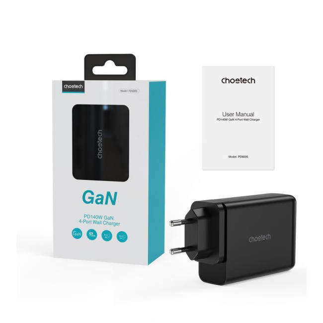 Мережевий зарядний пристрій, GaN, 2 USB-A / 2 USB-C, 140Вт, QC3.0/PD/PPS