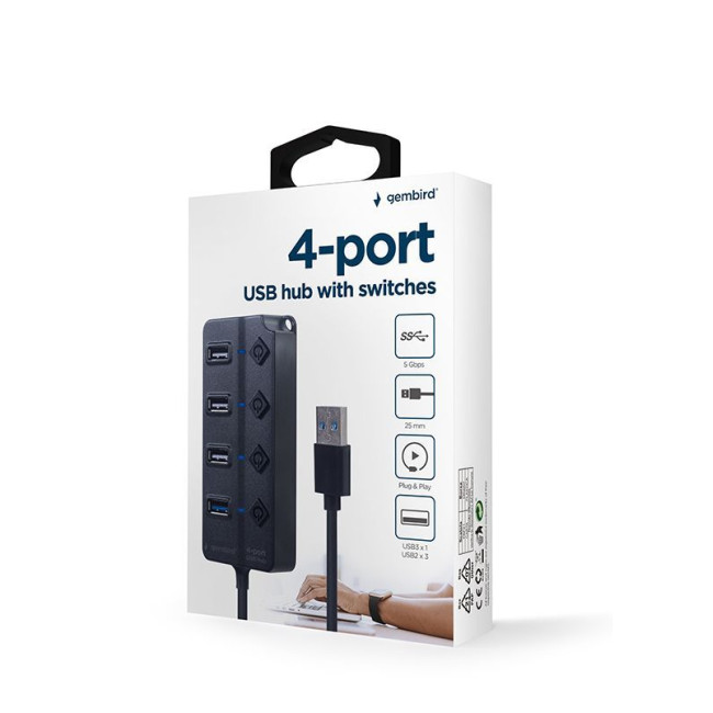 Хаб на 4 порти (1xUSB3.1 + 3xUSB2.0), з вимикачами, пластик, чорний