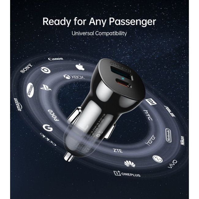 Автомобільний зарядний пристрій, USB-A/USB-C, 20Вт, QC3.0/PD, чорний