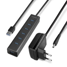 Хаб AXAGON HUE-SA7BP USB3.0 CHARGING hub, USB-A кабель 40см, Чорний