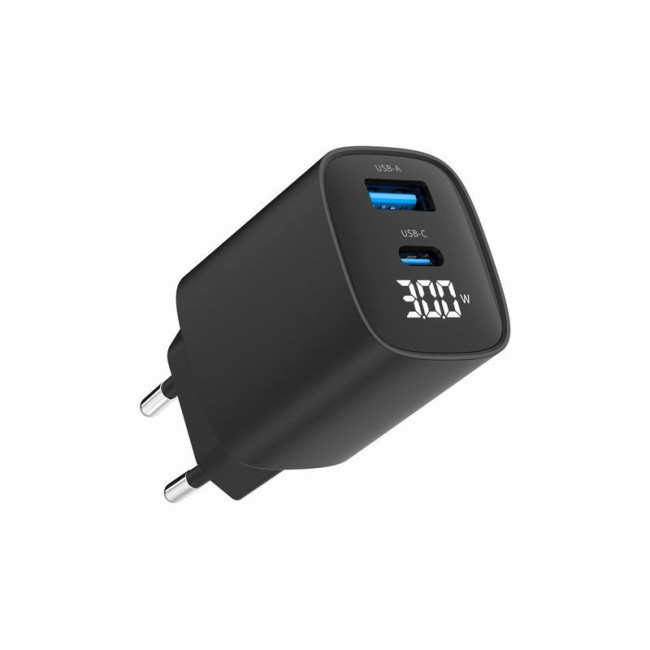 Мережевий ЗП, 1 USB-A (QC3.0 18W) + 1 Type-C (PD20W), LCD, чорний