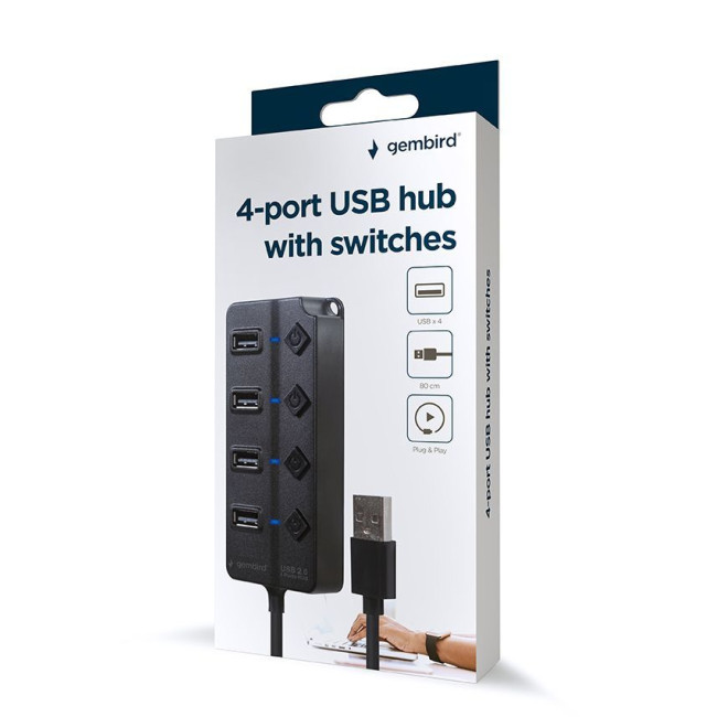 Хаб на 4 порти USB 2.0, з вимикачами, пластик, чорний