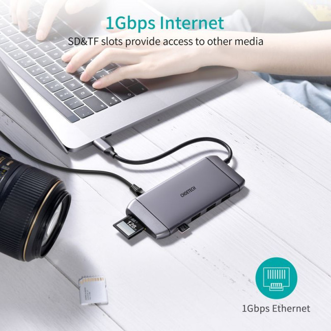 Док станція USB-C 9-в-1 (HDMI/VGA/картридер/LAN/USB-A), алюміній
