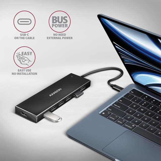Хаб AXAGON HUE-F7C SuperSpeed USB-C FLAT CHARGING hub, кабель 30см USB-C, Чорний