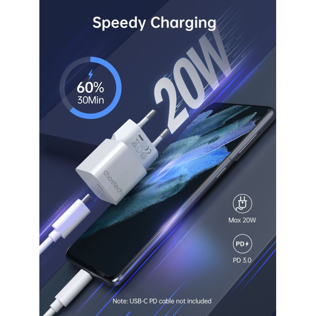 Мережевий зарядний пристрій, GaN, USB-C, 20Вт, QC3.0/PD/PPS