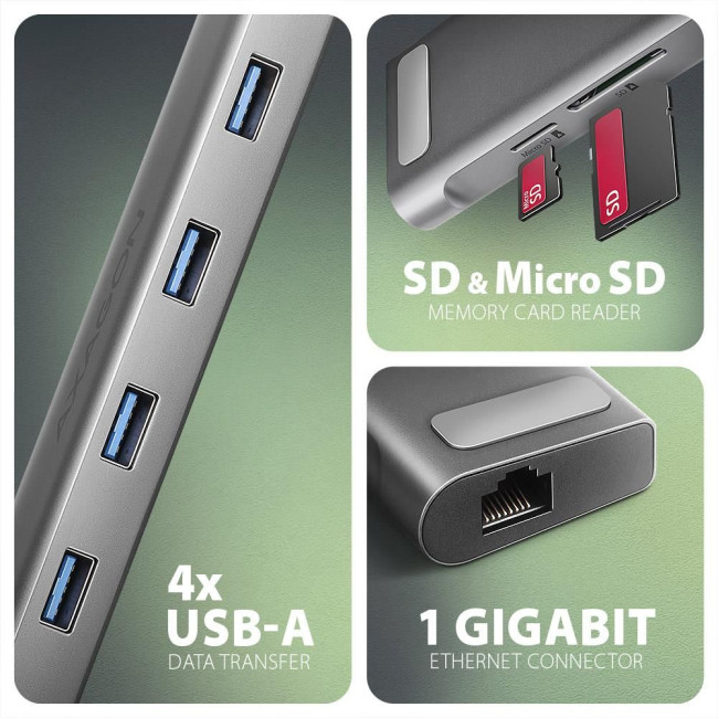Хаб концентратор AXAGON HMC-10HLS USB-C 5Гбіт/с 9in1 hub, сірий