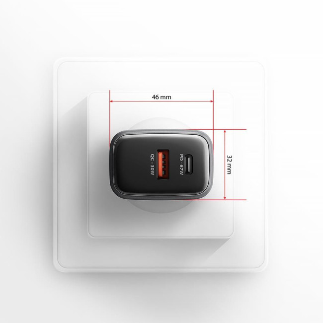 Мережевий зарядний пристрій AXAGON ACU-PQ67, 2x port (USB + USB-C), PD3.0/QC4+/PPS/Apple, 67W, сірий