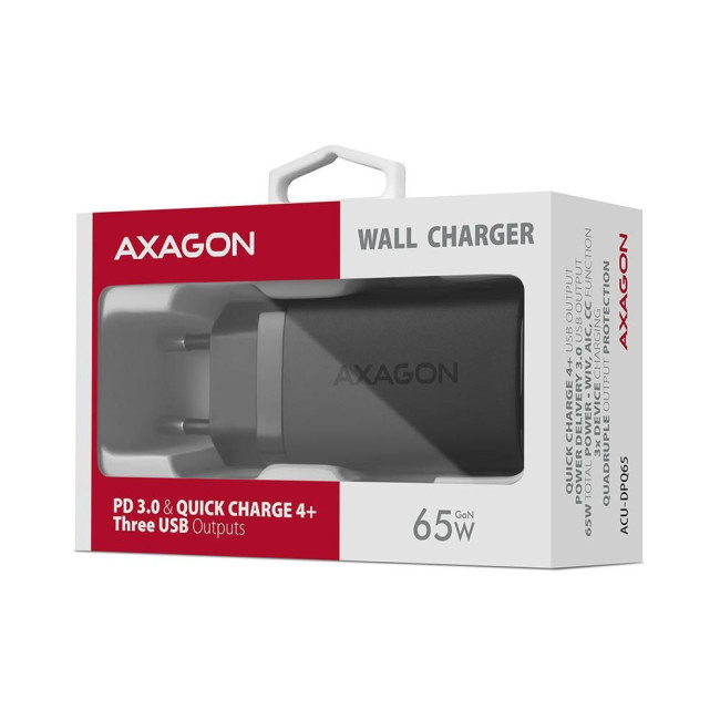 Мережевий зарядний пристрій AXAGON ACU-DPQ65, 3x port (USB + dual USB-C), PD3.0/QC4+/PPS/Apple, 65W, Чорний