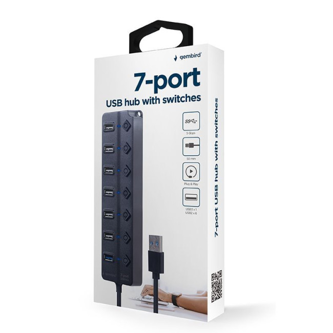 Хаб на 7 портiв (1xUSB3.1 + 6xUSB2.0), з вимикачами, пластик, чорний