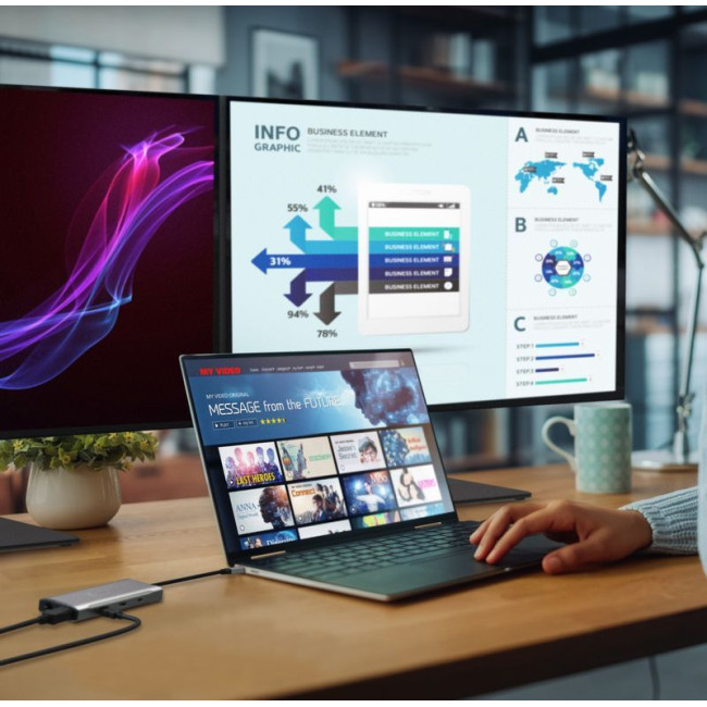 Мультиадаптер USB-C 10Gbps, 9-в-1 (хаб/HDMI/DP/PD/LAN/картридер), сірий