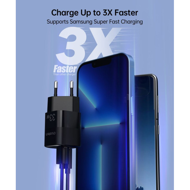 Мережевий зарядний пристрій, GaN, USB-A/USB-C, 33Вт, QC3.0/PD/PPS
