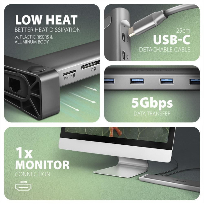 Хаб концентратор AXAGON HMC-10HLS USB-C 5Гбіт/с 9in1 hub, сірий