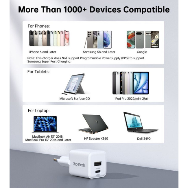 Мережевий зарядний пристрій, USB-A/USB-C, 30Вт, QC3.0/PD/PPS