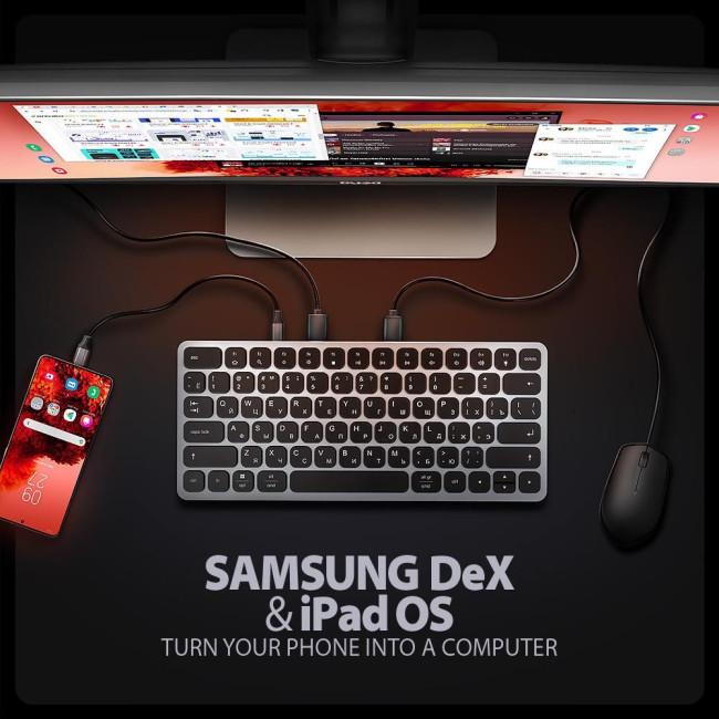 Клавіатура дротова AXAGON HMC-KB USB-C 5Гбіт/с 9в1 hub, EN/UA, Сірий/Чорний