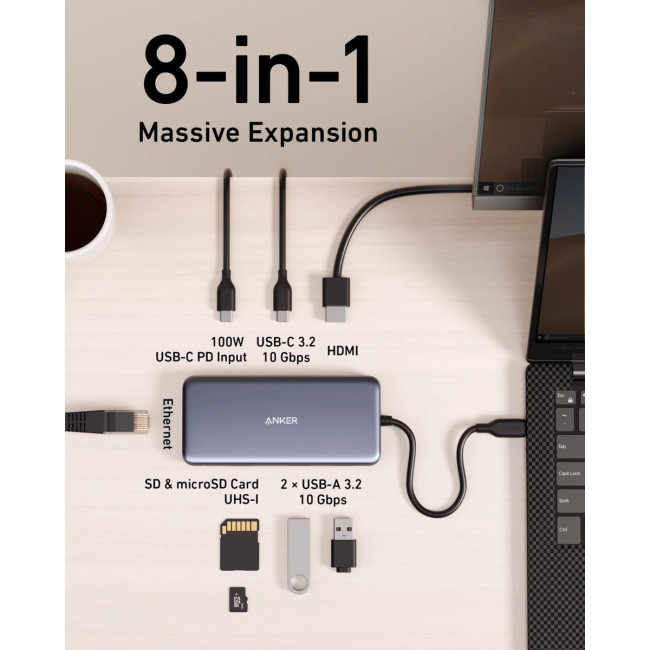 Перехідник Anker PowerExpand 8-in-1 - PD in 100W/HDMI/2xUSB-A/USB-C 10Gbps/LAN/SD Black