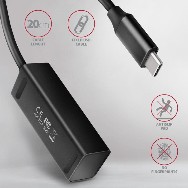 Хаб AXAGON HUE-M1C SuperSpeed USB-C MINI hub, USB-C кабель 20см, Чорний