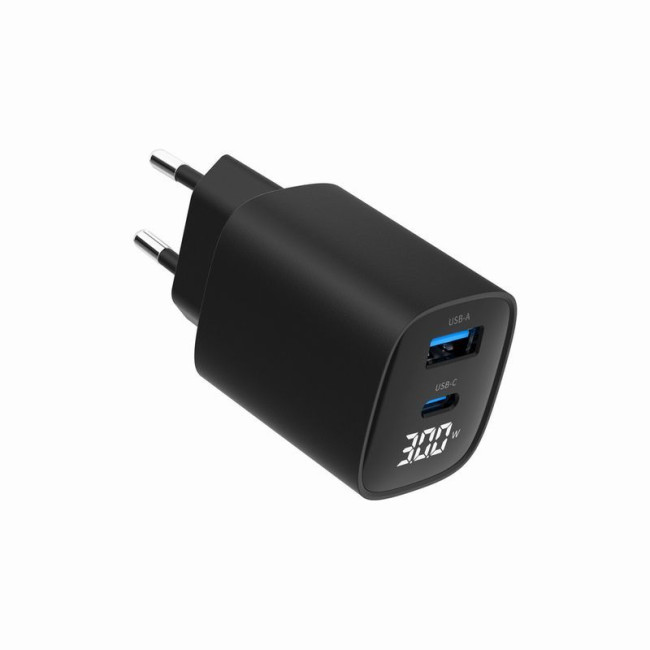 Мережевий ЗП, 1 USB-A (QC3.0 18W) + 1 Type-C (PD20W), LCD, чорний