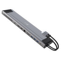 Док станція USB-C 10Gbps, 12-в-1 (слот M2 NVMe/хаб/HDMI/DP/PD/картридер/LAN), сірий