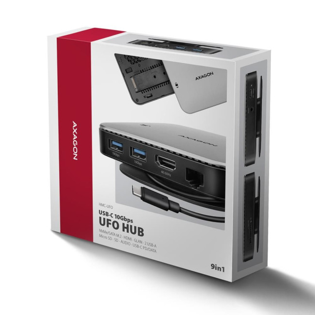 Хаб концентратор AXAGON HMC-UFO USB-C 10Гбіт/с UFO 9in1 hub, Сірий