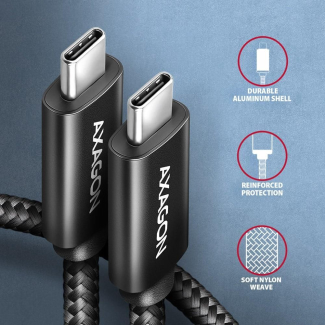 Кабель AXAGON BUCM2-CM20AB USB-C-USB-C 2.0, 2м, PD 240W 5A, Чорний