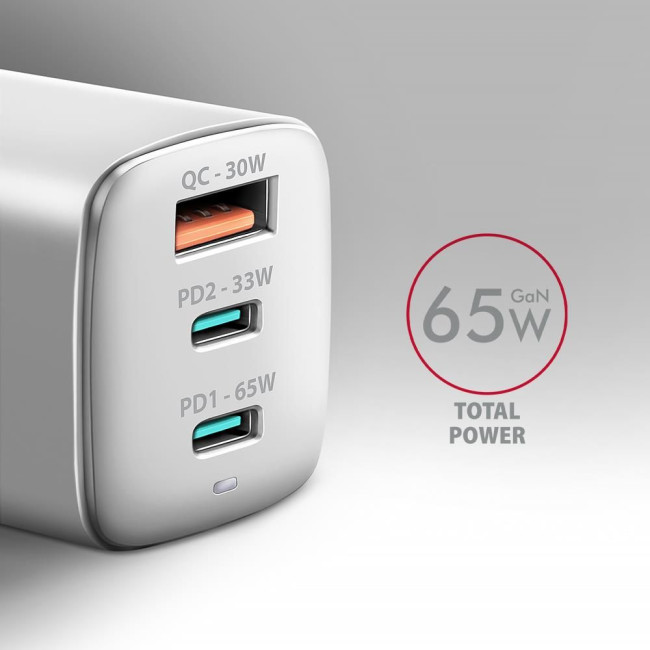 Мережевий зарядний пристрій AXAGON ACU-DPQ65W, 3x port (USB + dual USB-C), PD3.0/QC4+/PPS/Apple, 65W, Білий