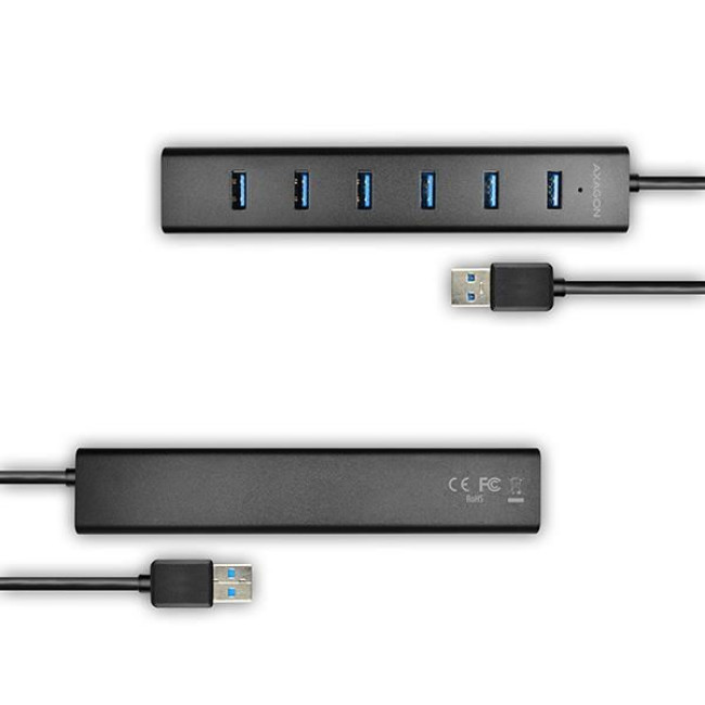 Хаб AXAGON HUE-SA7BP USB3.0 CHARGING hub, USB-A кабель 40см, Чорний