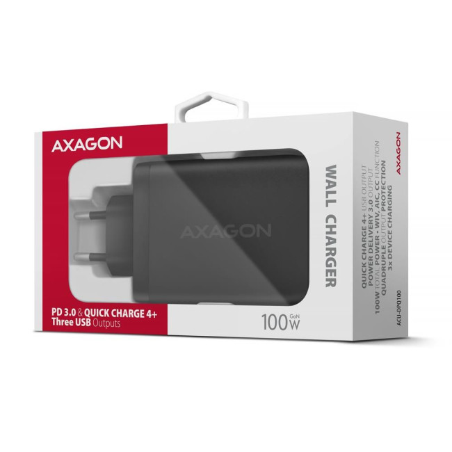 Мережевий зарядний пристрій AXAGON ACU-DPQ100, 3x port (USB + dual USB-C), PD3.0/QC4+/PPS/Apple, 100W, Чорний