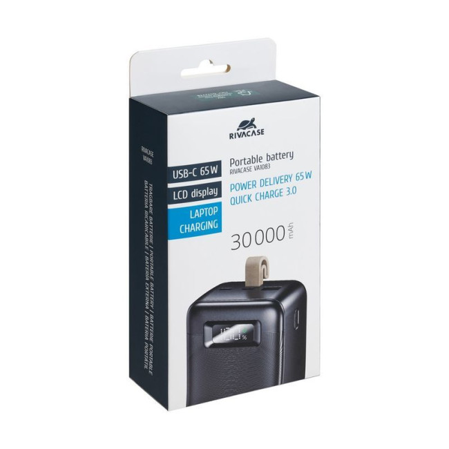 Портативний зарядний пристрій, 30000 mA, PD 65W, з LCD, чорний