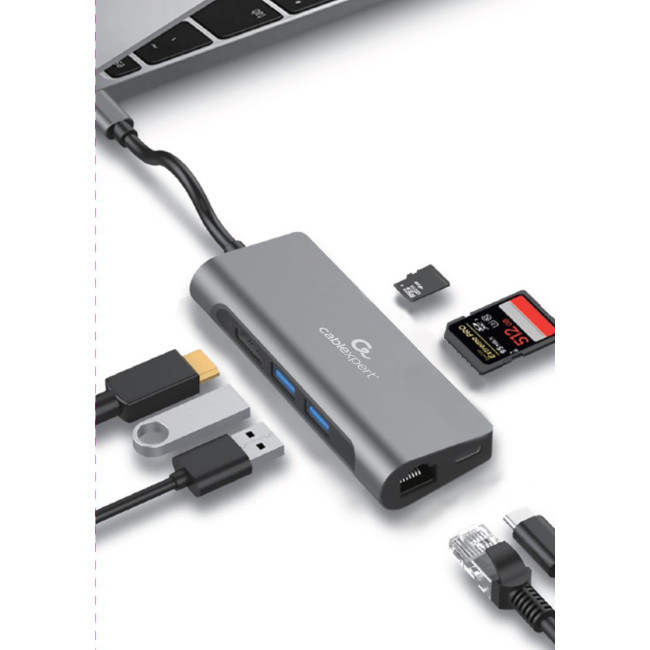 Док станція USB-C 5-в-1 (хаб/HDMI/PD/картридер/локальна мережа), сірий