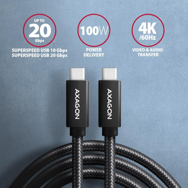 Кабель AXAGON BUCM32-CM20AB USB-C-USB-C 3.2 Gen 2, 2m, PD 100W, 5A, 4K HD, Чорний
