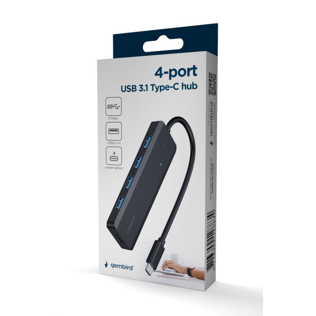 Хаб на 4 порти USB 3.1,USB-C, USB-C PD, пластик, чорний