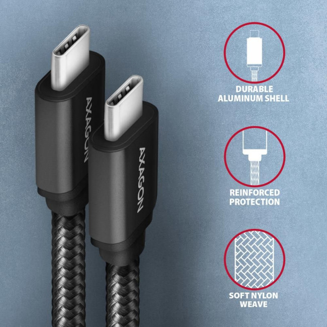 Кабель AXAGON BUCM3-CM10AB USB-C-USB-C 3.2 Gen 1, 2m, PD 60W, 3A, чорний
