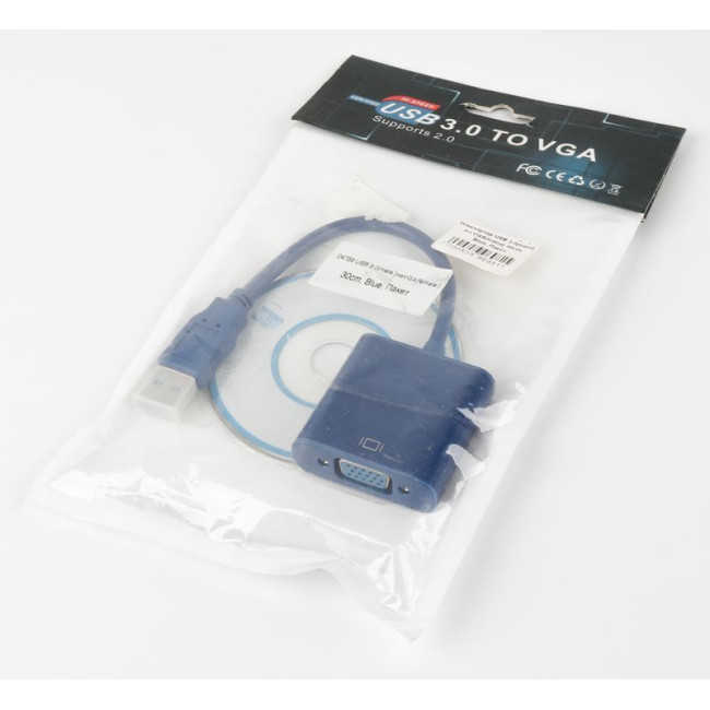 Адаптер USB 3.0 (тато) на VGA (мама) 30 см, синій, пакет