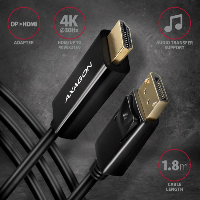 Кабель AXAGON RVD-HI14C2 HDMI-DisplayPort, 1.8m, 4K/30Hz, чорний