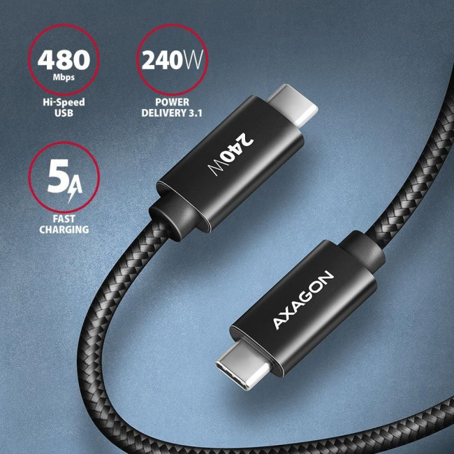 Кабель AXAGON BUCM2-CM10AB USB-C USB-C 2.0, 1м, PD 240W 5A, Чорний