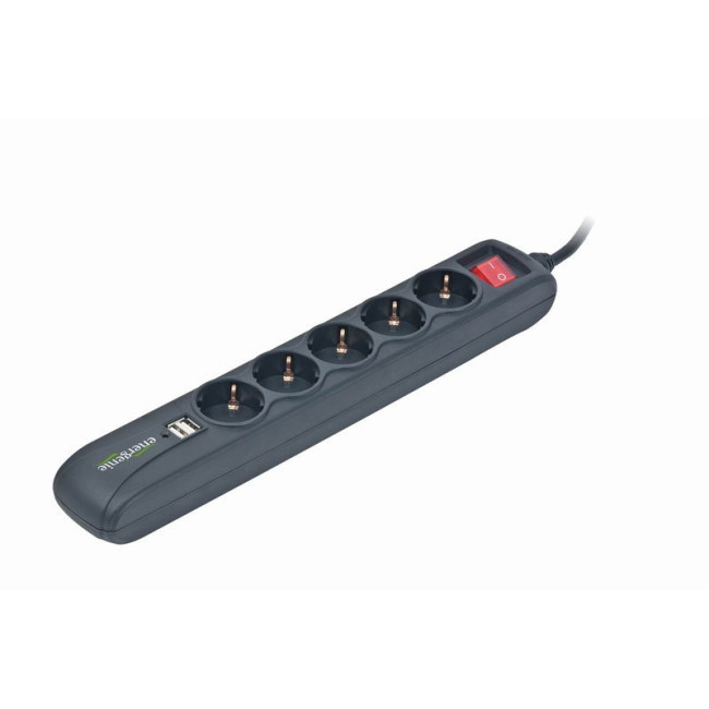 Подовжувач мережі, чорний, 1.5 м кабель, 5 розеток, USB зарядка 2 А