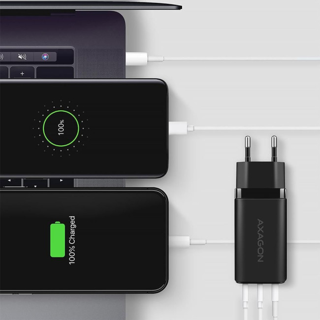 Мережевий зарядний пристрій AXAGON ACU-DPQ65, 3x port (USB + dual USB-C), PD3.0/QC4+/PPS/Apple, 65W, Чорний